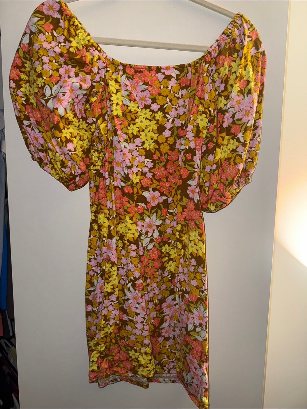 Billabong Floral Puff-Sleeve Mini Dress - Pink, Yellow & Brown